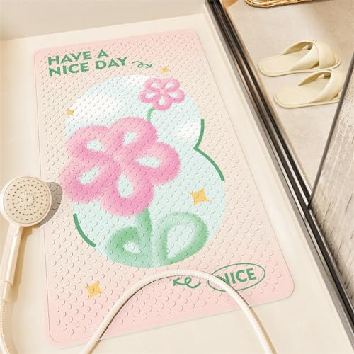 Morbuy 70x40cm Badewannenmatte Kinder rutschfest Maschinenwaschbar Duschmatte Antirutschmatte Badewanne Badematte mit Saugnäpfen, Starke Saugkraft (70x40cm,Pinke Blumen)