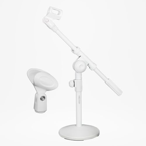 5 Core Desk Microphone Stand White • Adjustable Height Extendable Boom Arm • Table Mic Holder w Round Base Anti Slip Pad • Universal Mic Clip and 3/8'' and 5/8'' Thread Adapter MSSB W