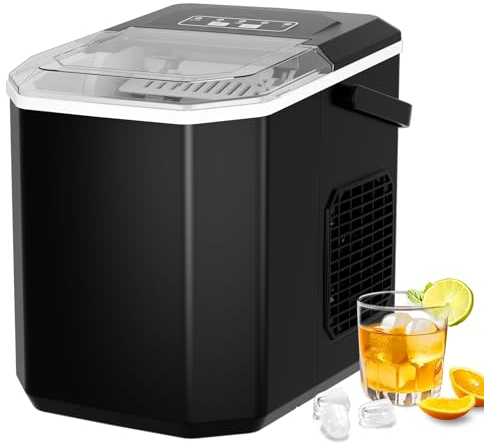 Machine à Glaçons, FZF Silencieuse Machine à Glaçons Comptoir avec Pelle à Glaçons 12kg en 24h, 2 Tailles de Glaçons 9 Glaçons en 6 Minutes, Portable Pour la Maison/Fête/Cuisine/Bar-Noir