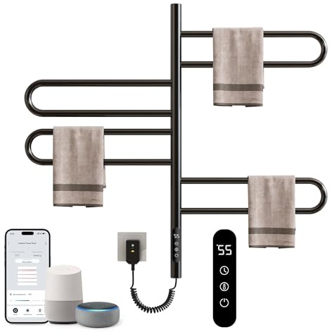 Scaldasalviette Elettrico Bagno, Rotazione di 180° Termoarredo Elettrico Bagno, per Controllo Vocale Touch/APP/WiFi, Scalda Salviette Bagno Elettrico, Scaldino Asciugamani, Basso Consumo-WiFi Black