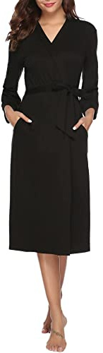 Nieery Bademantel Damen Baumwolle 3/4 Ärmel Lang Morgenmantel V-Ausschnitt Robe mit Taschen Weiche Saunamantel Hausmantel mit Bindegürtel