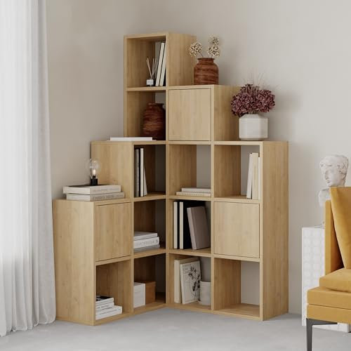 HOCUS PICUS Versatile and Unique Design Bookcase Set | Multipurpose Corner Bookshelf | Cube Shape Display Unit | 3 Door Storage Cabinet | 150.80cm (W) X 28cm (D) | Living Room, Office etc. | Oak