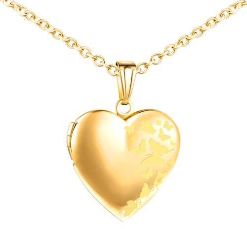 MICMIF Collar Medallón Foto Personalizado para Mujer, Colgante de Corazón con Mariposas, Acero inoxidable Collar Relicarios para 2 Fotos Joyería con Cadena 50cm