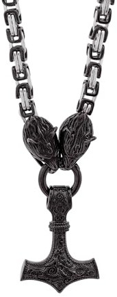 HAQUIL Viking Necklace for Men, Black Plated Stainless Steel Mjolnir Pendant, Wolf Head King Chain, Viking Jewelry Gift for Men