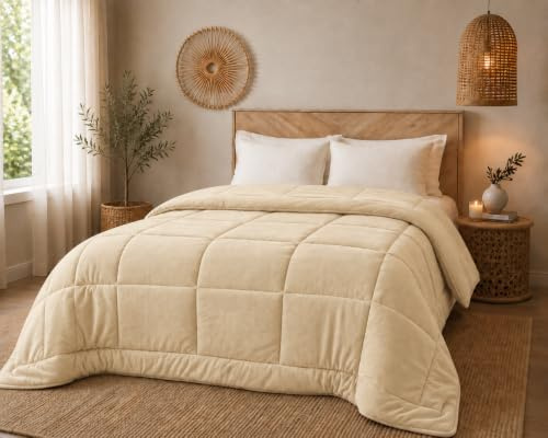 Trapunta Invernale Singola Imbottita in Morbida Microfibra da 540 gr/mq Tessuto Vellutato Piumino Caldo ad Effetto Flanellato Coperta Letto Invernale Misura 180x260 cm Mod. Velvet Colore Beige