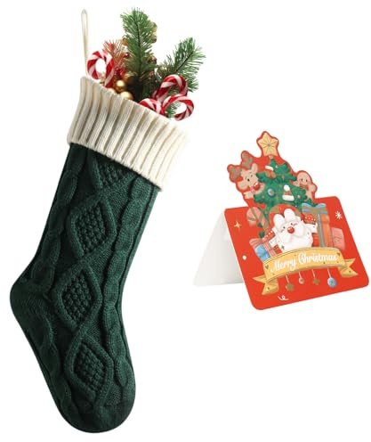 meioro Weihnachtsstrümpfe, 46cm Großes Kabel Gestrickte Weihnachtssocke, Farbe-Kontrast Weihnachten Strumpf Deko für Kamin Family Holiday Party Festival Dekorationen mit Grußkarte (Grün, 1 Pcs)