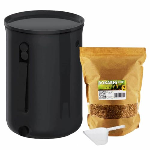 Moutta | Bokashi Organko 2 Schwarz (9,6L) | Organischer Komposter mit Walze + 1 kg EM-1 Fermentationsaktivator