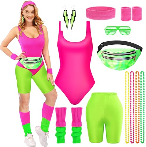 Tenue Annee 80 et 90 Femme,80s Disco Costume avec Débardeur, Leggings Artistiques,Sac Banane,Chauffe-Jambes,Bandeau,Lunettes,Collier et Boucles d'Oreilles,pour 80s Thème Soirée Carnaval Femme Fille