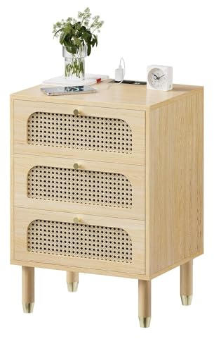 LEADZM Table de Chevet en Rotin avec Multiprise Tables d'appoint 3 tiroirs,Meuble de Nuit,Commode de Nuit avec 2 Prises CA,2 Ports USB, pour Salon,Chambre,40 x 35 x 60,5CM (1, Chêne)