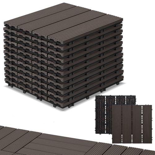 Randaco WPC terrassplattor, set om 55 för 5 m² 30 x 30 cm WPC plattor balkongplattor terrass med dränering och klicksystem, lätt att lägga på, vattentät och halkfri, kaffe