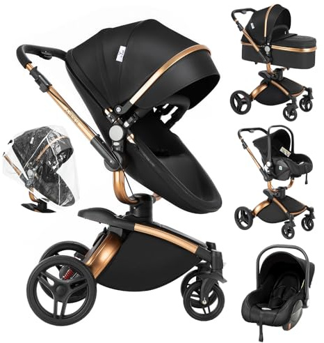 Veitoalioy PU-läder 3-i-1 barnvagn, 360° svängbar sits hopfällbar barnvagn, hög sikt barnvagn som skjuter fram och bak, babyresesystem 0–36 månader (906 svart)