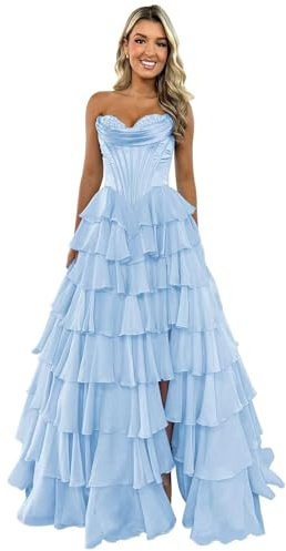 Strapless Corset Prom Dresses for Women Long A Line Ball Gown Chiffon Tiered Formal Evening Gowns with Slit Lilac M