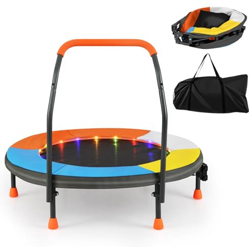 GOPLUS Ø90cm Kindertrampolin, Mini Trampolin mit LED-Lichtern, Schaumstoffgriff, Sicherheitspolster & rutschfesten Füßen, Indoor Fitness Trampolin für Kinder von 3-6 Jahren
