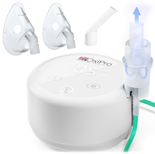 OxiPro NB20 Nebuliser - Health & Pharma Award Winner 2025 - Nebuliser Machine for Adults & Kids - Quiet 45dB Nebulizer - Ultra Fine 5 μm Nebulisation for Home Use - Masks for Adults & Kids