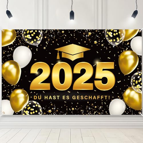 BETESSIN Graduation 2025 Deko Schwarz Gold - Du hast es geschafft Banner 180x110cm - Bestandene Prüfung Geschenk - Abschluss Deko für Abitur, Bachelor und Master Abschlussfeiern