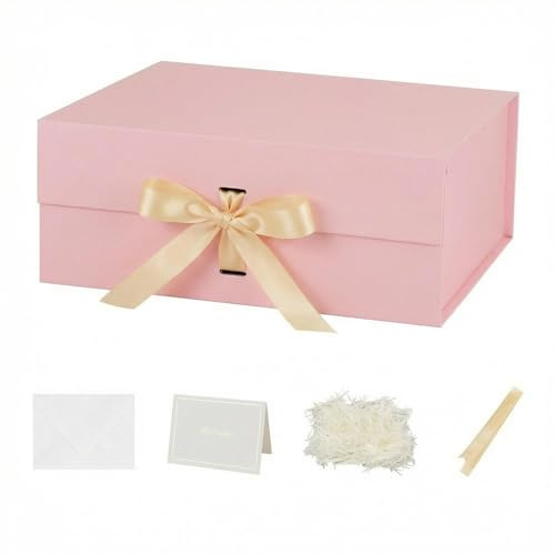 Scatola regalo magnetica rosa con coperchio grande, 32 x 28 x 13,5 cm, con sacchetto regalo, fiocco, Raffia e biglietto di auguri