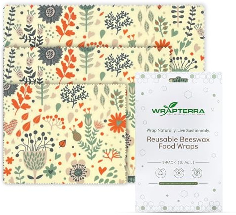 Wrapterra Beeswax Wraps for Food - Reusable & Moldable Bees Wax Covers for Bowls, Fruits, Cheese - Natural Food Storage Alternative to Aluminum Foil & Plastic Wrapping - Small, Medium, Large - 3-Pack