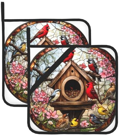 Stained Glass Wooden Hut Birds Pot Holders Set of 2 Kitchen Heat Resistant Potholder Waterproof Thickened Oven Hot Pad for Microwave BBQ Cooking Baking 8 X 8 Inch