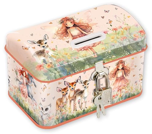 TapirElla Kinder Spardose Metall mit Schloss, Elfenprinzessin, Rehe, Schmetterlinge, Sparbüchse Fantasie Elfe, Geschenkidee für Mädchen und Jungen vom Lutz Mauder Verlag, Sparschwein