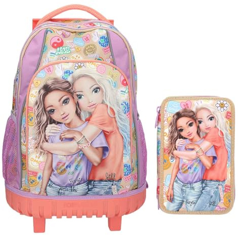 Depesche – TOPModel Girl Power – Schulrucksack Trolley und 3-Fach-Federtasche, mit Model Motiv und Blumen Muster, Schultasche mit verstellbaren Trägern, Federmappe mit Buntstiften, Schere, Lineal uvm.