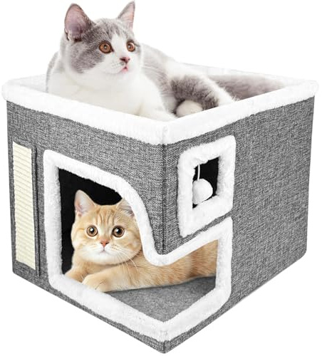 Brynlex 2 Couches Lit Chat, Niche, Maison Interieur, Lits d'Intérieur Pliables pour Que Les Chats Puissent Dormir, s'Ébattre Et Se Gratter (Grey)