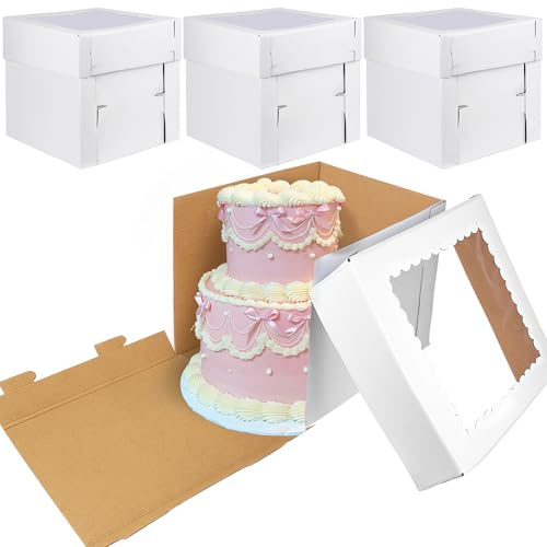 KEEPARTY 4PCS White Tall Cake Corrugated Boxes 16x16x14inch with Window White Disposable Baking Box Container Wedding Cake Carrier