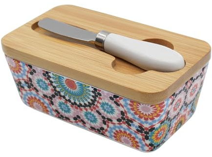 Butterdose mit Holzdeckel und Buttermesser, 350ml Große Kapazität Butterdose Porzellan, Multi-Funktion Butter Dish, Böhmischer Butterschale, Butterbox für Haushalt und Küche, Gute Dichtheit