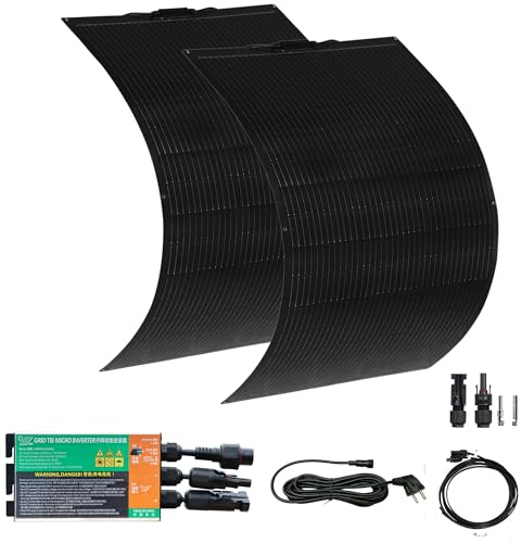 Solarpanel Flexibel 300w Balkonkraftwerk für Steckdose, 2x150W Flexibles Solarpanel mit 230V 300Watt Wechselrichter, Balkonkraftwerk komplettset Steckdose Plug & Play, Photovoltaik Balkon Komplett