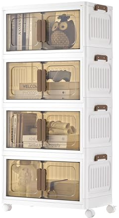 SONGMICS Storage Boxes with Lid, 4-Tier Stackable Organiser with 1 Lid, Plastic Storage Bins on Wheels, Magnetic Door, Home Organisation, White, 25 L per Tier, 100 L Total, RLB445WZ01