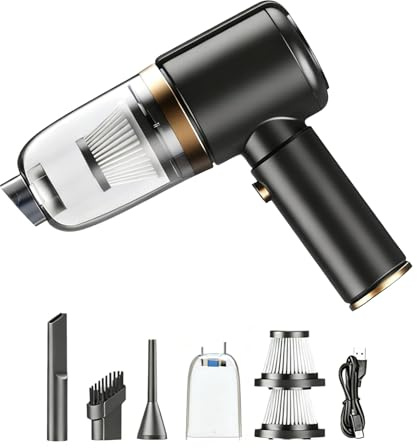 Aspiradora de Mano Inalámbrica con 4 Accesorios, Succión y Inflador de Doble Modo, ABS Ligero para Uso Doméstico y En El Coche, Recargable, Portátil y Silenciosa (Negro/Azul)(Black)