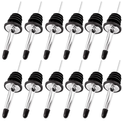 Stainless Steel Pourers, Classic Liquor Bottle Pourers for Spirits with Silicone Dust Caps, Tapered Spout Freeflow Liquor Spirits Pourer Suitable for Pours Liquor, Vinegar Syrup or Olive (12 Pcs)