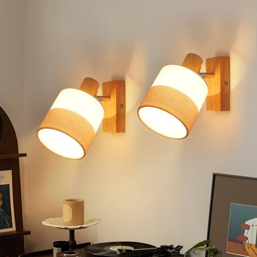 Glitzerlife LED Wandstrahler Holz Wandleuchte Innen 2ER Wandlampe Vintage | Wandspot E14 Schwenkbar 350° Retro Flurlampe Wand Stoffschrim für Schlafzimmer Küche, MAX.40W Ohne Leuchtmittel