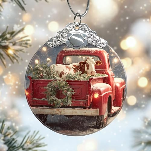 Ornamenti natalizi in vetro a forma di mucca, decorazione rustica per albero di Natale, agrifoglio, rosso, decorazione per albero di Natale, camino, finestra, porta, parete esterna, 7,6 x 7,6 cm