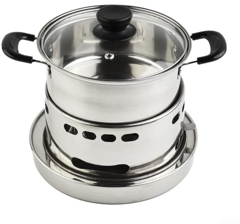 SMZhomeone Edelstahl-Spirituosenbrenner, Campingkocher mit Chafing Dish Topf für flüssigen oder festen Alkohol, für drinnen und draußen, Hot Pot Kochen, 16 cm/18 cm/20 cm Optionen (18 cm)
