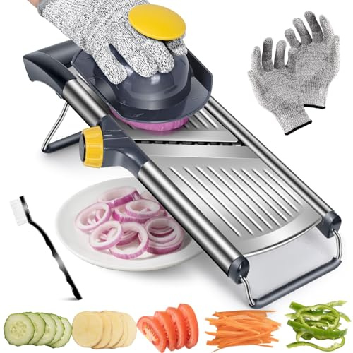 Pawchop Stainless Steel Mandoline Slicer(1-9mm), 5-in-1 Vegetable Julienne Cutter Adjustable, Manual Food Slicer for Potato Fruit Cheese, Kitchen Meal Prep Tool with Finger Guard, Dishwasher Safe