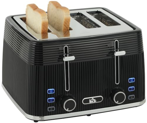 HOMCOM 4 Slice Toaster with 7 Browning Levels Self-Centring 1860W, Black | Reheat/Defrost/Cancel Functions, Electric Toaster, Removable Crumb Tray