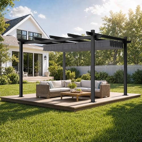 JUMMICO Aluminium Pergola 3x4 m mit Schiebedach, Gartenpavillon Pavillon wasserdicht stabil Winterfest, Sonnenschutz für Garten Terrasse & Balkon, schützt vor Sonne, Regen, langlebig, Grau