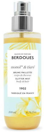 BERDOUES - Brume Pailletée Monoï & Tiaré - Brume parfumée scintillante 200ml - Brume corps & cheveux au parfum solaire tropical - Fabriquée en France