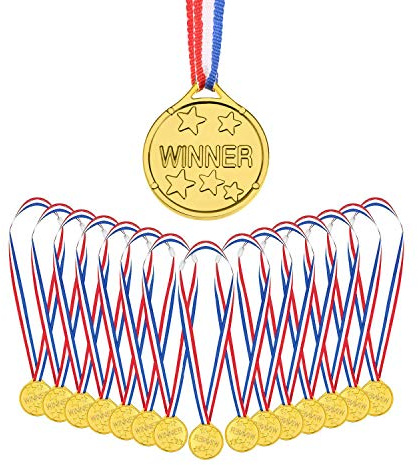 AUERVO 25 Pieces Gold Plastic Winner Medals Kids Children's Party Award Medals with Neck Ribbons for Kids Sports Prizes Party Favors