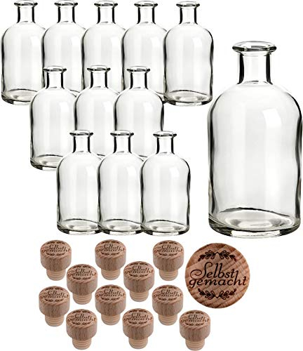 gouveo 12er Set Glasflasche 250 ml Apotheker mit Korken (HGK) Selbst gemacht I - Leere Flasche zum Befüllen - Apothekerflasche mit Gravur-Korken für Likör, Öl