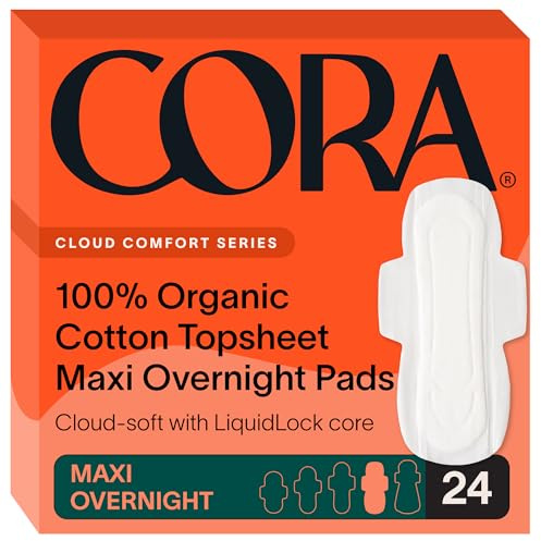 Cora 100% Organic Cotton Topsheet Pads Maxi Overnight Pads (24 Count)