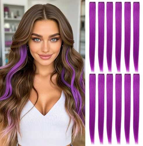 Fcysws Bunte Clip-in Haarverlängerungen,21inch,12 Stück,lila | Einfache Anwendung,Nicht verblassen,Clip in der Installation,Leichtes Gewicht,Natürlicher Look,Geschenk,Mädchen Haarzubehör