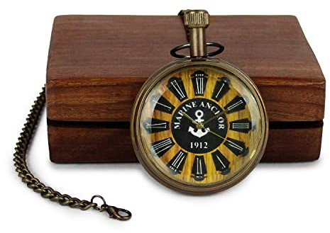 ARTVARKO Messing Antik Marine Anker Taschenuhr mit Holzbox Römische Zahlen Zifferblatt für Unisex Männer und Frauen Geschenk, Gold & Braun, Standard, Antik, Gold und Braun, Standard, Antik