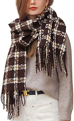 Camilife Sciarpa da donna in imitazione cashmere, classica a quadri, sciarpa lunga, shawl, con frange, elegante e calda, per l'inverno, 60x180 cm, a quadretti piccoli,marrone scuro, L