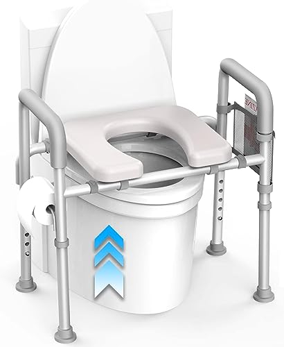 Agrish Raised Toilet Seat with Handles - Cozy Padded Elevated Medical Toilet Seat Risers for Seniors, 350lb Adjustable Handicap Toilet Riser - Gray