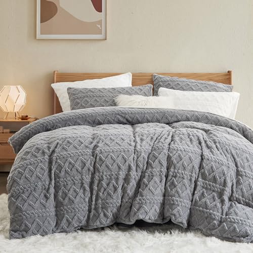 Freyamy Fleece Bettwäsche 135x200 2teilig,Flauschig Teddy Plüsch Bettwäsche-Sets für Winter,Extra Warm Wendebettwäsche Grau Hellgrau Flanell,Bettbezüge mit Reißverschlüsse und Kissenbezug 80x80