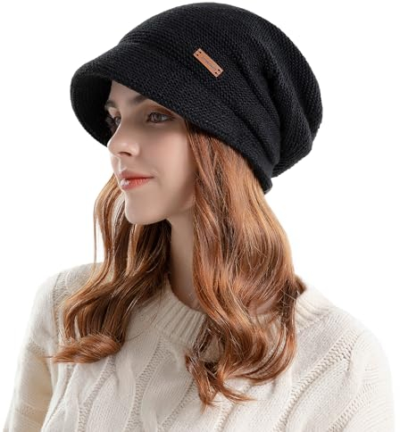 AYPOW Damen Winter Strick Slouchy Mütze mit Visier, Baskenmütze, Fleece Gefütterte, Warme Wintermütze mit Krempe, Pullover-Gehörschutzmütze, Newsboy-Mütze, Tägliche Winter Outdoor Mütze für Damen