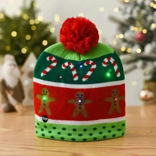 TERPCO Kreative blinkende Weihnachtsmütze, Schneemann, Winter, warme Farbe, Strickmütze, Neujahr, Weihnachten, Party-Dekoration – Lebkuchenmann
