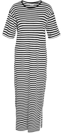 Noisy may Damen Maxikleid Long Shirt Kleid Extralang Loose Fit Rundhals Basic Dress, Farben:weiß/schwarz, Größe:M