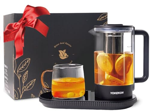 YOKEKON Tee Wasserkocher Set Klein mit Tasse, Glas Teekocher,Teemaschine,Tassenwärmer, Herausnehmbarer Edelstahl-Teesieb, Auto Warmhaltefunktion, Kaffee/Milch/Früchtetee/Kräutertee, BPA Frei, Schwarz